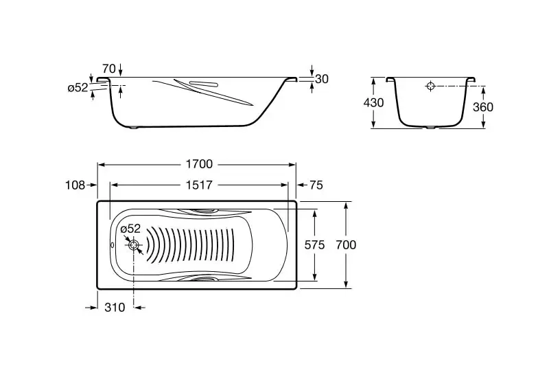 Ванна стальная Princess-N 1700х700 с отверстиями для ручек 22095000R/15