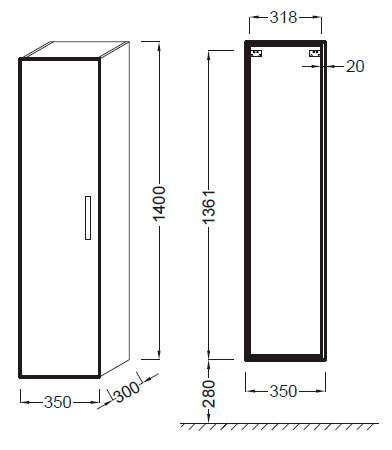 Пенал подвесной Ola 35 х 140 см 4 стеклянные полочки серый антрацит EB396-N14