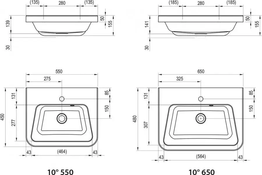 Умывальник 10° 550 белый c отверстиями XJI01155000