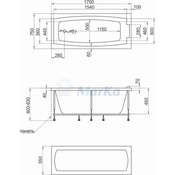 Ванна акриловая Aelita 1700х750