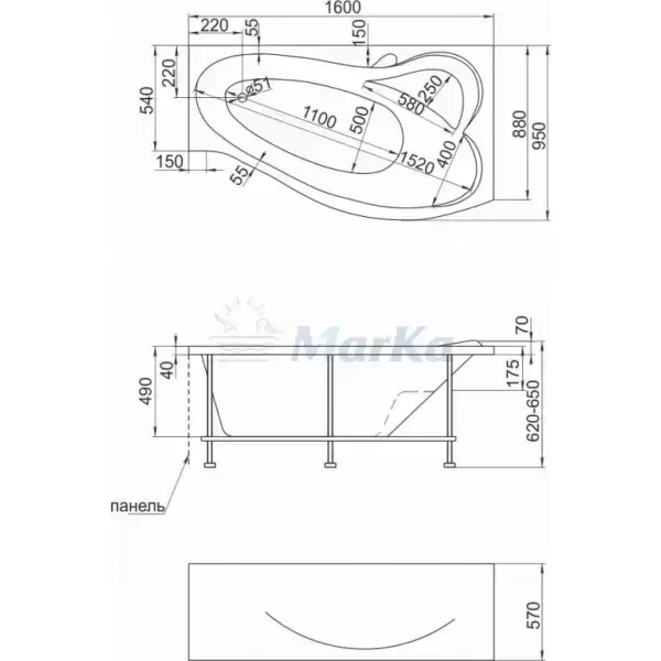 Ванна акриловая Gracia L левая 1600х950