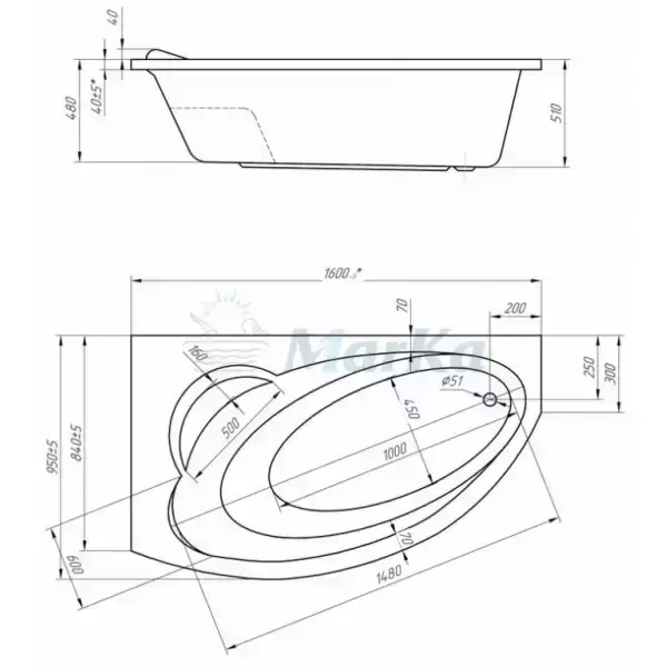 Ванна акриловая Juliana L левая 1600x950