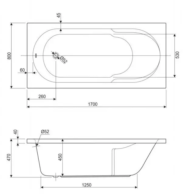 Акриловая ванна 1700x800x450 ARNO-170-80-45