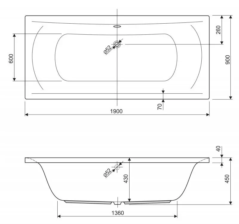 Ванна акриловая 1900x900x450 ARENA-190-90-45