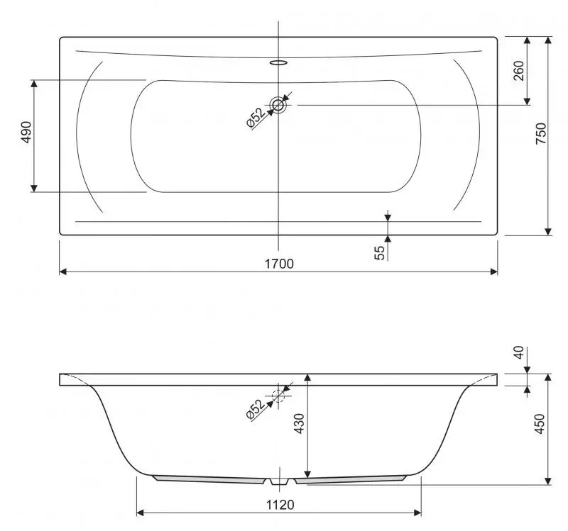 Ванна акриловая 1700x750x450 ARENA-170-75-45
