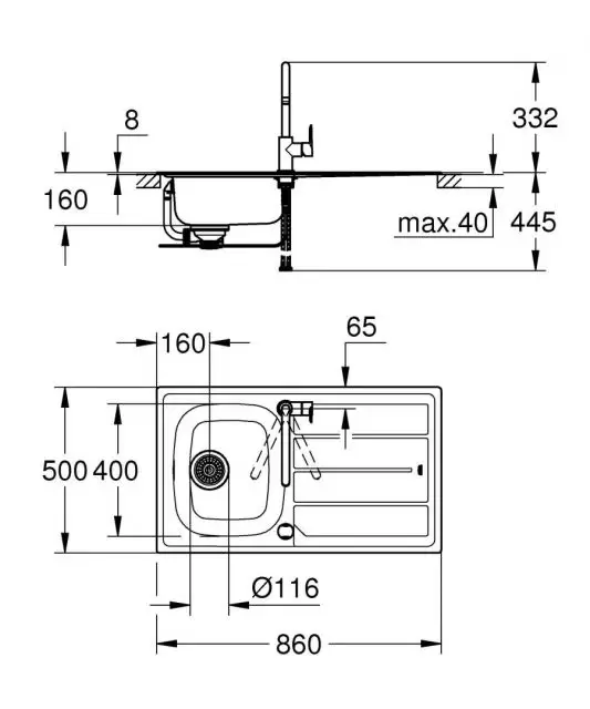 Набор K200: мойка нерж. Sink 45-S 860*500 мм 31552SD0, + смеситель для мойки BauEdge 31367000, 31562