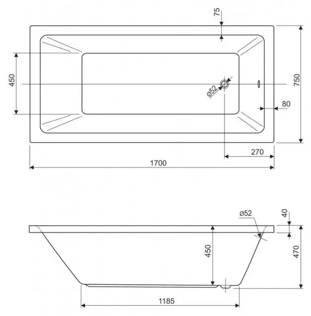 Акриловая ванна PLANE SOLO-170-75-45 1700x750x450 CEZARES