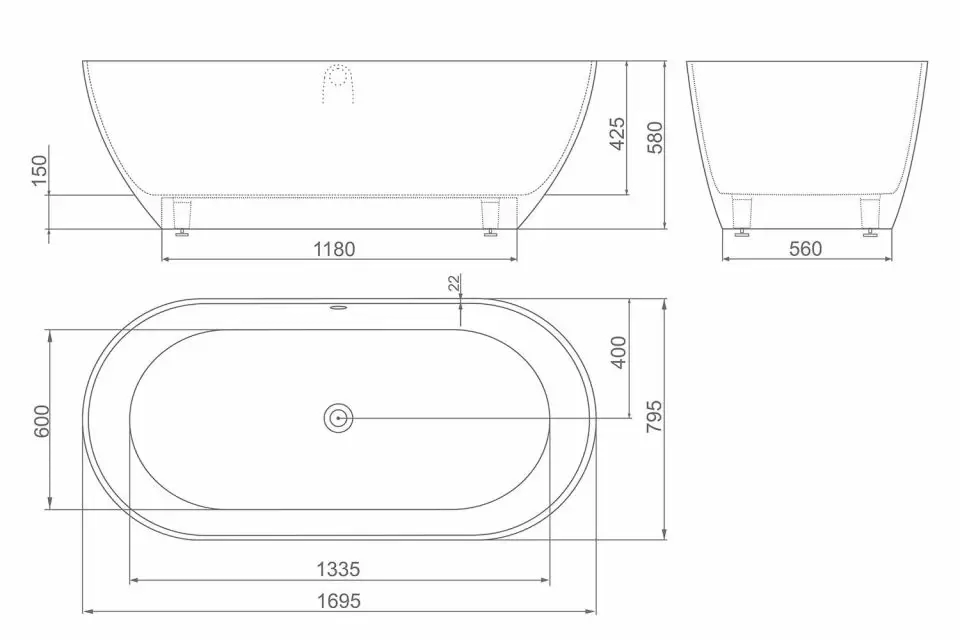 Ванна мраморная 1670х710х610 BALI со скрытым переливом ESSE