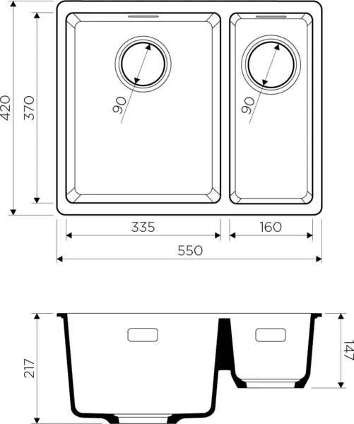 Мойка Kata 55-2-U-BL Artgranit/черный Omoikiri 4993389