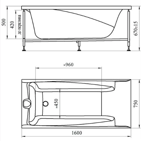 Акриловая ванна Фелиция 160х75, каркас; Vanessa 2-01-0-0-1-204