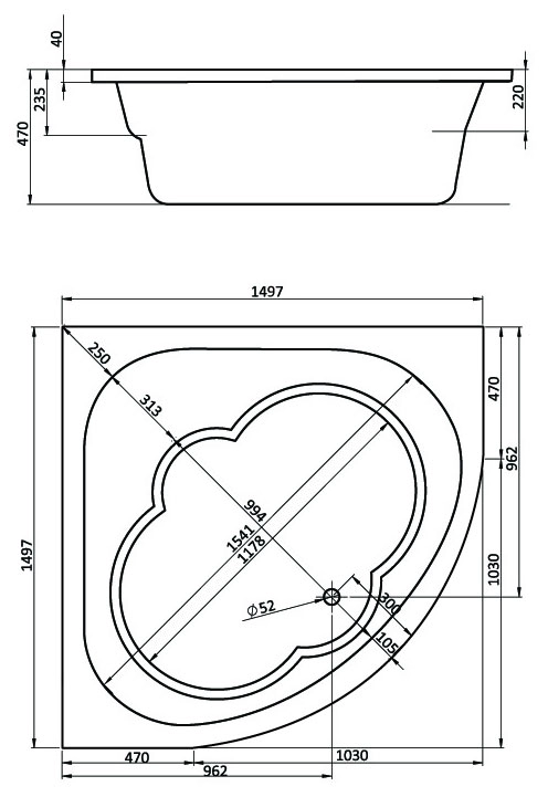 Ванна акриловая Канны 1500х1500 Комфорт Плюс 1WH112403