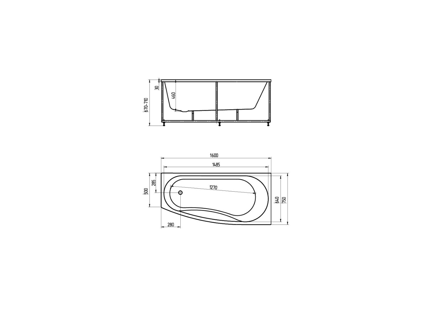 Акриловая ванна Пандора 160х75 левая (каркас+экран+слив) PAN160-0000038