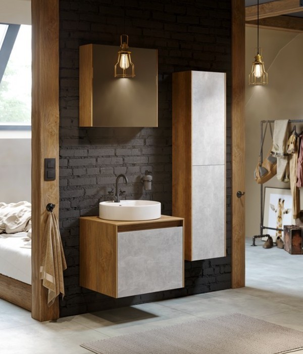 Подвесная тумба 60 см, дуб балтийский; с умывальником, Mobi, MOB0106DB+MOB0706DB AQWELLA