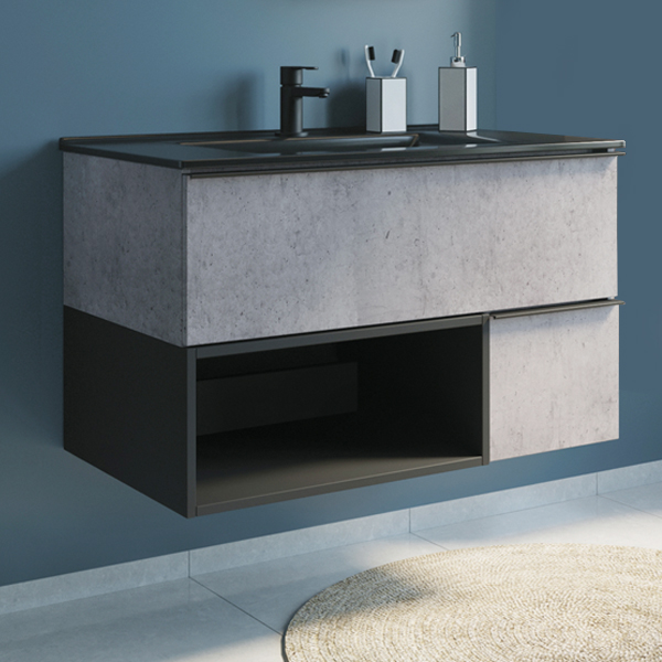 Тумба-умывальник Франкфурт-90 бетон светлый с раковиной COMFORTY 90E черная мат, 00-00006503