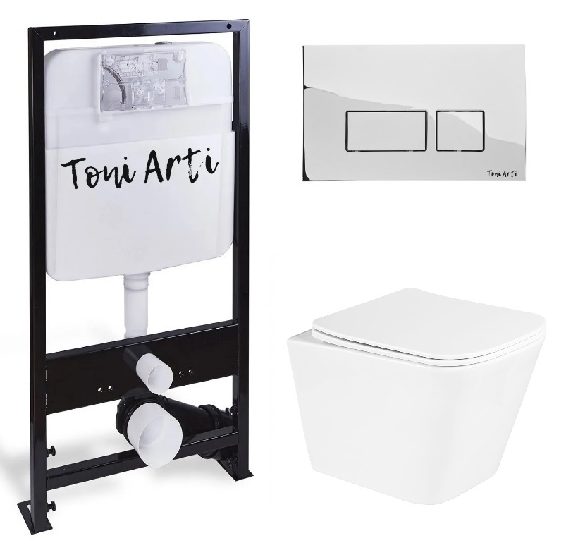 Инсталляция TONI ARTI с кнопкой Noche хром глянец + Унитаз DUE безободковый с сиденьем BelBagno