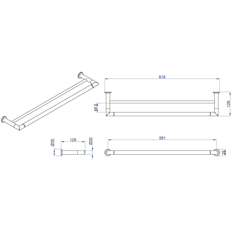 Полотенцедержатель FORNY трубчатый двойной 58 см хром AZ-88302 Azario