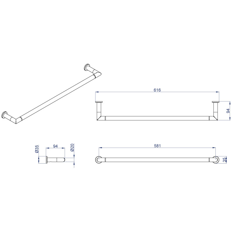 Полотенцедержатель FORNY трубчатый одинарный 58 см хром AZ-88301 Azario