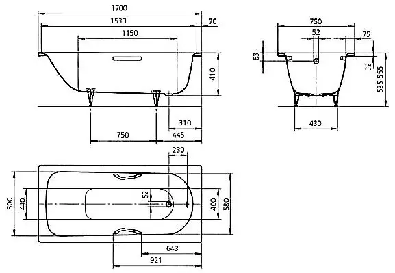 Ванна 170х75см Saniform Plus Star 336 Kaldewei + отв. под ручки + anti-slip
