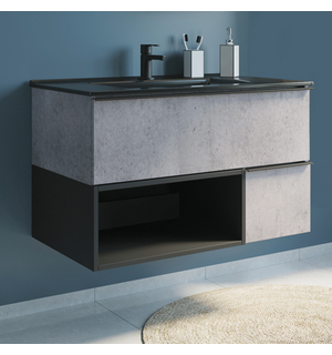 Тумба-умывальник Франкфурт-90 бетон светлый с раковиной  COMFORTY 90E черная мат, 00-00006503