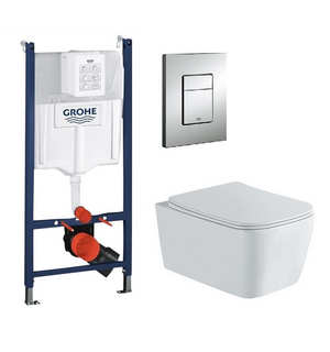 Инсталляция Grohe с кнопкой квадрат + Унитаз подвесной Aquatek Либра c сиденьем микролифт